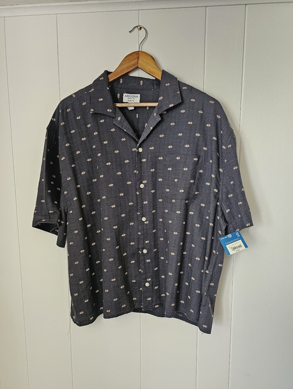 NWT Mens Arizona Jean Company Navy Camp-Collar Button-Up Shirt with Print